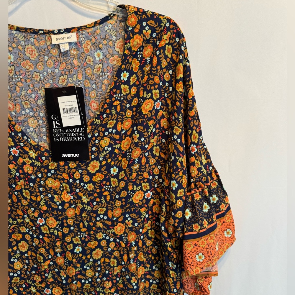 NWT AVENUE Harper Black Orange Floral Border Print Tunic Top Plus Size 16 Blouse - Picture 3 of 5